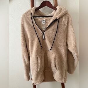 Pink Victoria Secret Fuzzy Teddy Zip Up Hoodie with pocket - tan/light pink